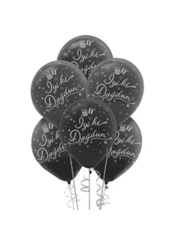 Gümüş İyiki Doğdun Baskılı Siyah Balon 5'li Paket - Gorsel 1