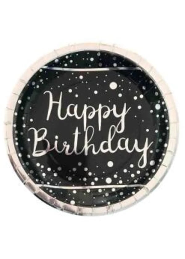 Happy Birthday Gümüş Varaklı Siyah Karton Tabak 6'lı - Gorsel 1