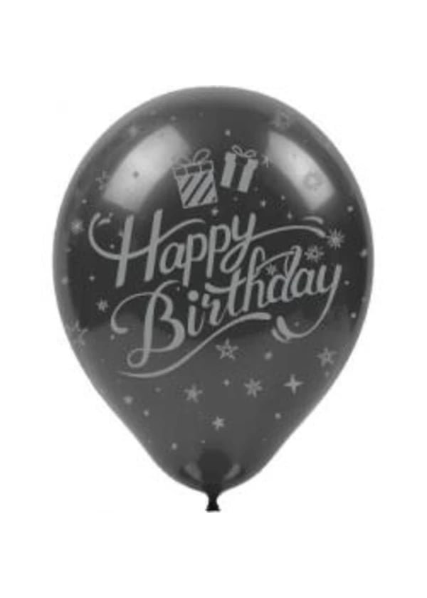 Gümüş Happy Birthday Baskılı Siyah Balon 5'li Paket - Gorsel 1