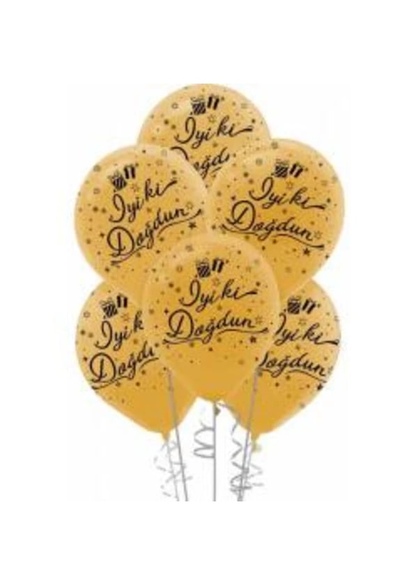 Siyah İyi ki Doğdun Baskılı Metalik Altın Balon 5'li Paket - Gorsel 1