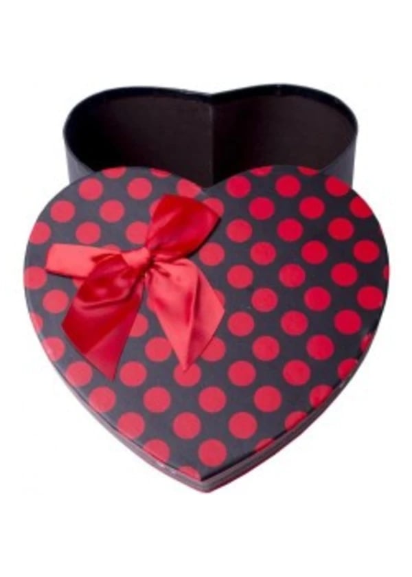 Kırmızı Siyah Puantiyeli Yazı Baskılı Kapaklı Kalp Kutu 22x20x9cm - Gorsel 1