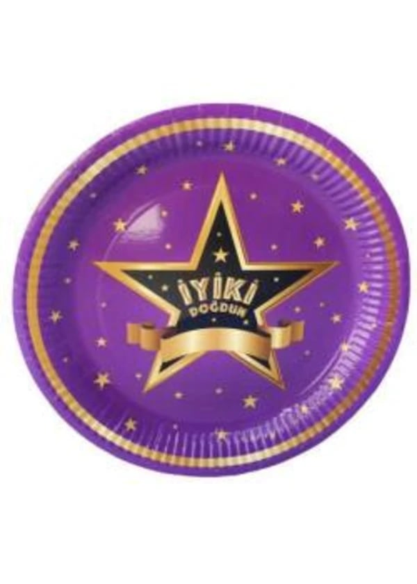 İyi Ki Doğdun Yıldızlı Mor Karton Tabak 8'li - Gorsel 1