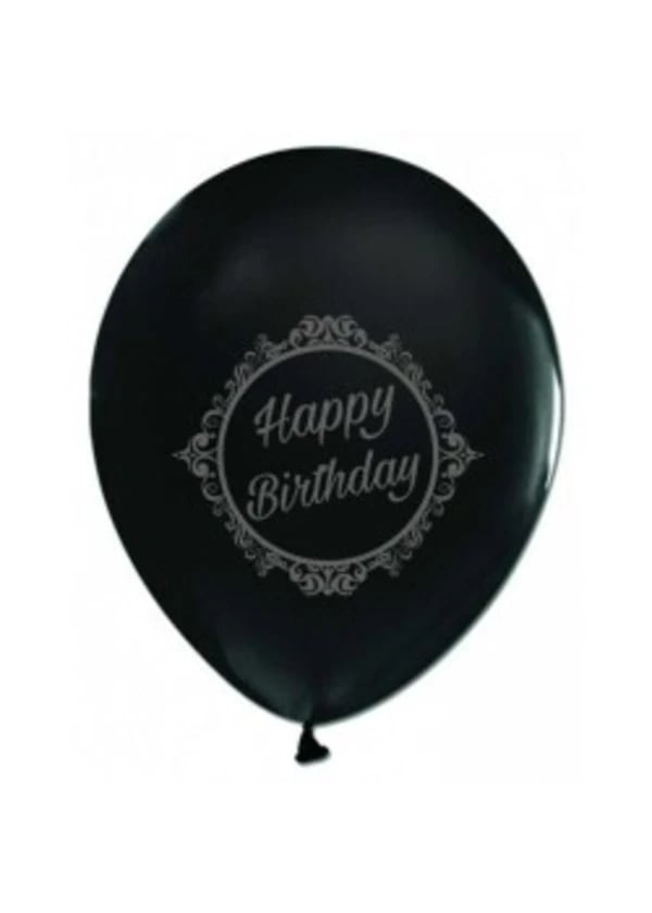 Gümüş Happy Birthday Baskılı Siyah Balon 5'li Paket - Gorsel 1