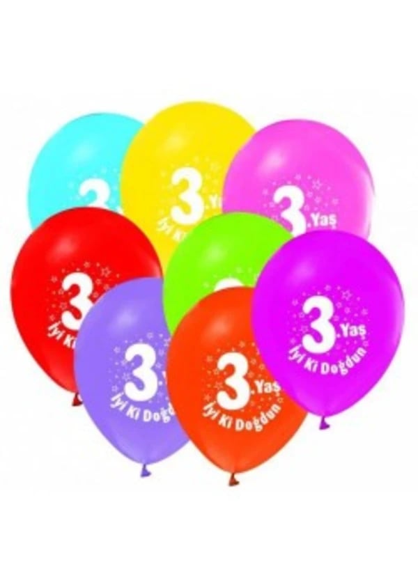 3 Yaş Baskılı Karışık Renk Balon 5'li Paket - Gorsel 1